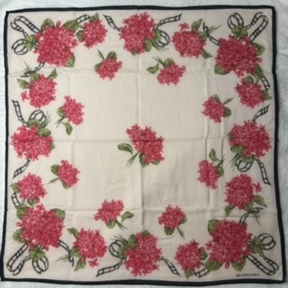 Vtg BURBERRY Scarf Handkerchief Floral Hydrangea Pink Cream Green 19"